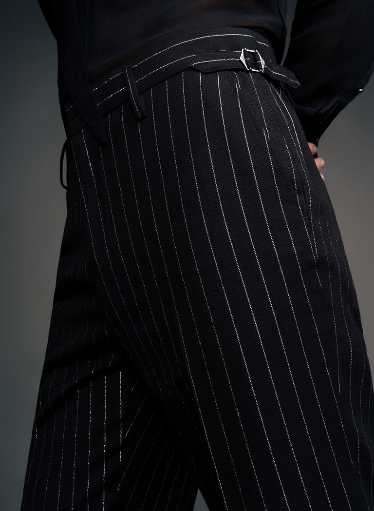 Black Silver Wool & Silk Pinstripe Buckle Flares