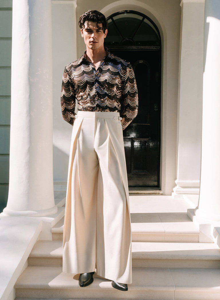 Ivory Wool Pleated High Waisted Buckle Trousers