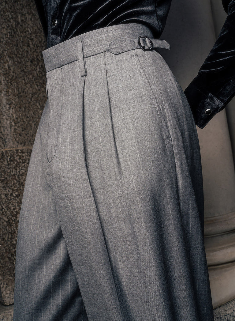 Grey Pin Stripe Side Buckle Wide Leg Flare Wool Trousers