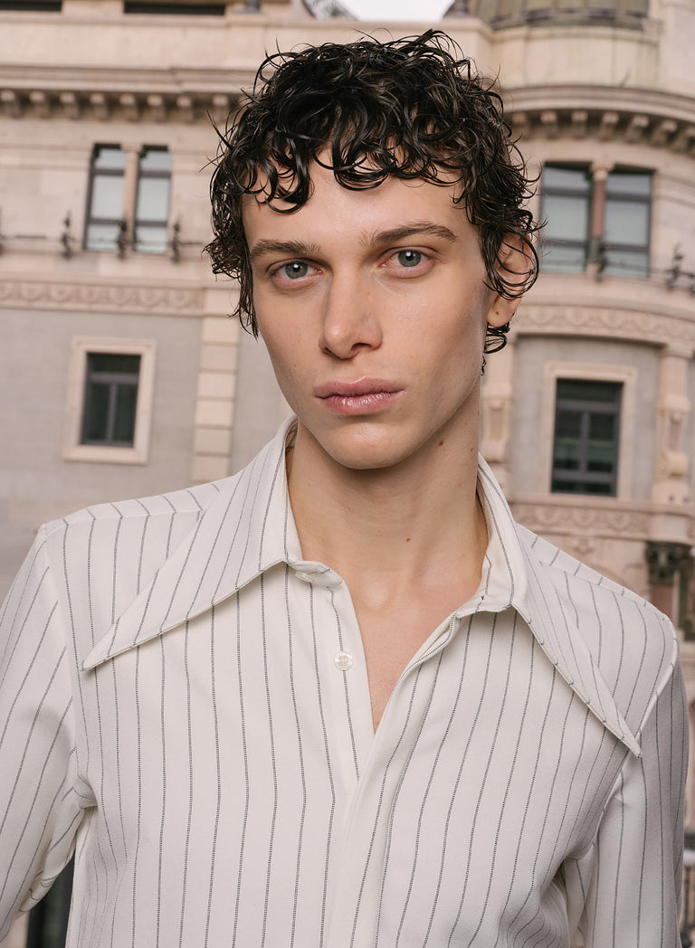 White Pinstripe Dagger Collar Shirt