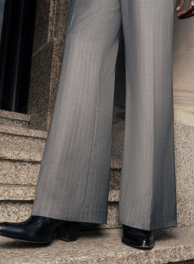 Grey Pin Stripe Side Buckle Wide Leg Flare Wool Trousers