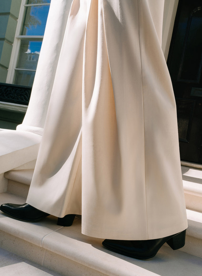 Ivory Wool Pleated High Waisted Buckle Trousers