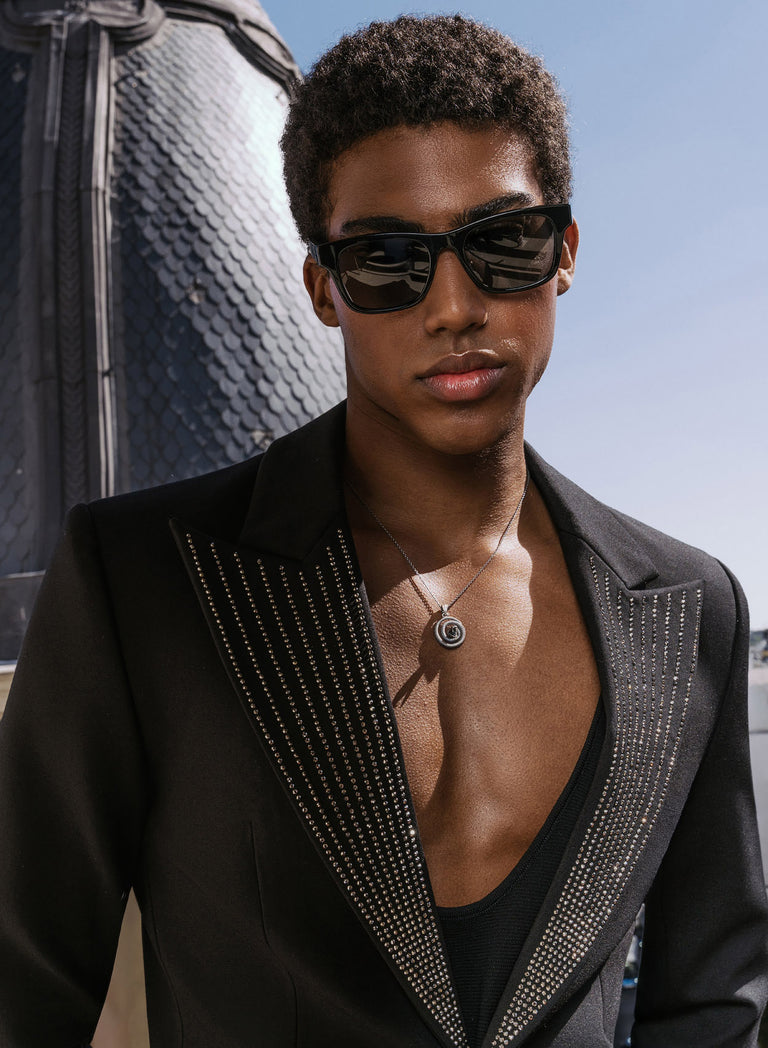 Black Rhinestone Embellished Lapel Blazer