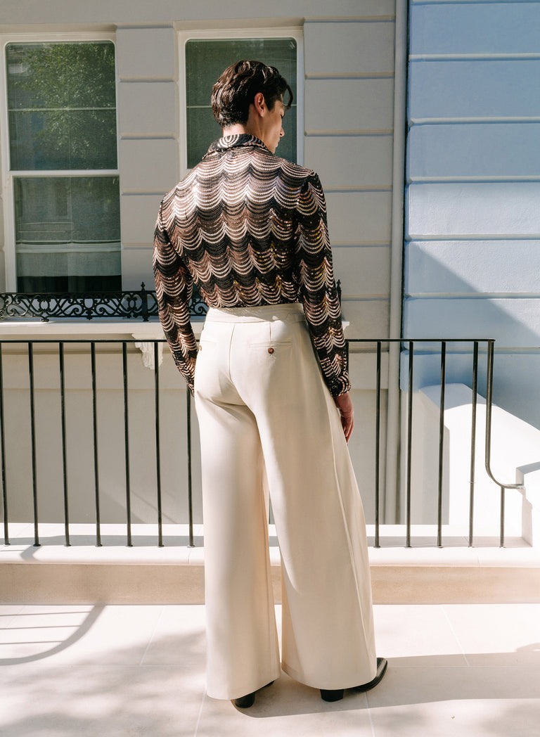 Ivory Wool Pleated High Waisted Buckle Trousers