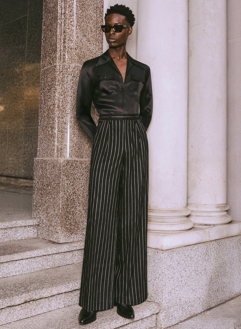 Black Linen Pinstripe High Waisted Side Buckle Trousers