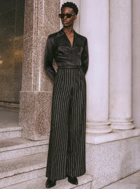 Black Linen Pinstripe High Waisted Side Buckle Trousers