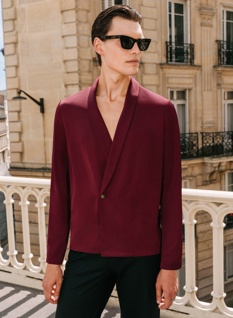 Pure Viscose Burgundy Shawl Collar Shirt