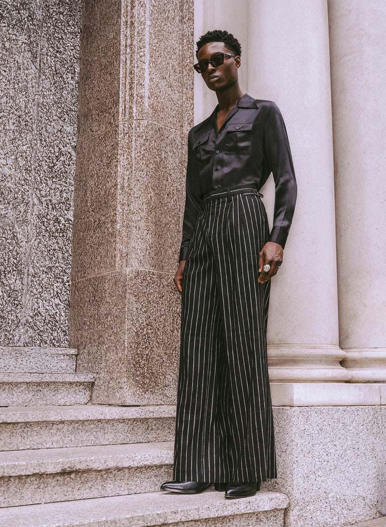 Black Linen Pinstripe High Waisted Side Buckle Trousers