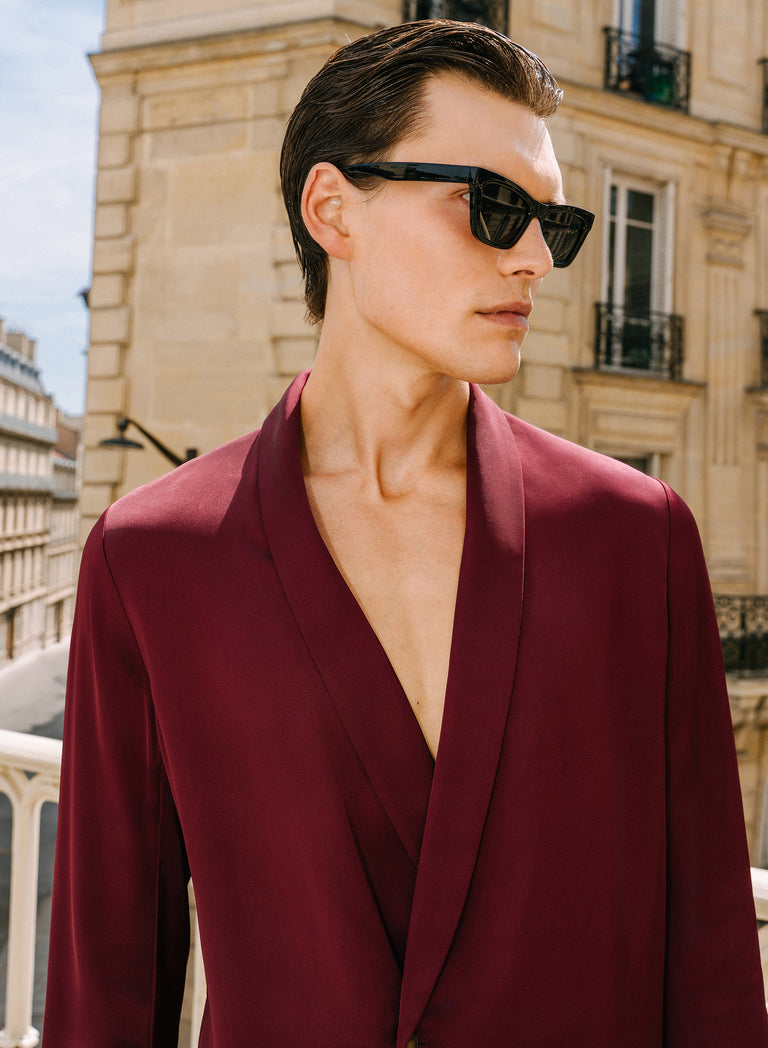 Pure Viscose Burgundy Shawl Collar Shirt