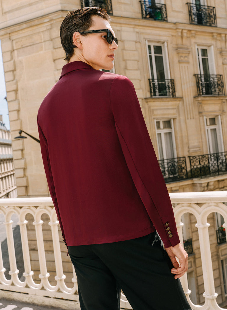 Pure Viscose Burgundy Shawl Collar Shirt
