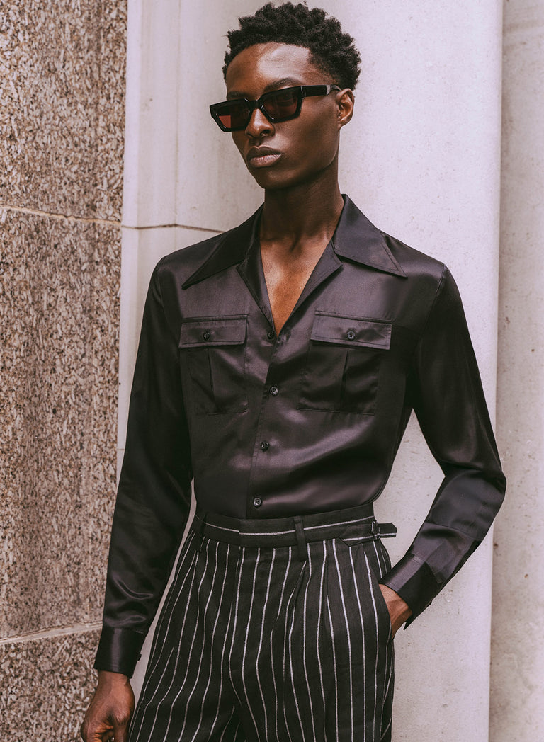 Black Linen Pinstripe High Waisted Side Buckle Trousers