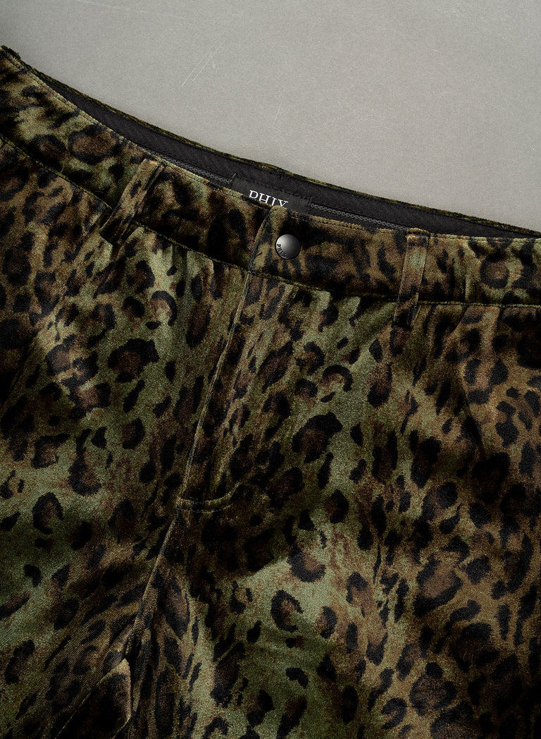 Green Leopard Velvet Flare Trousers