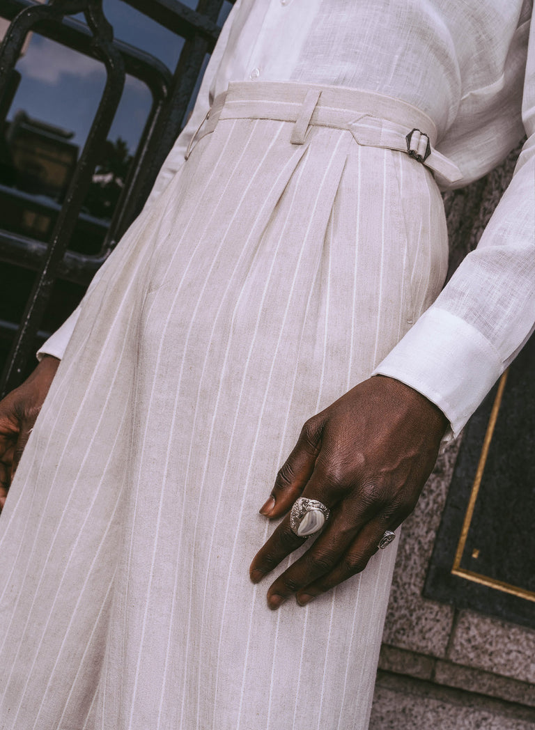 Ivory Linen Pin Stripe High Waisted Side Buckle Trousers