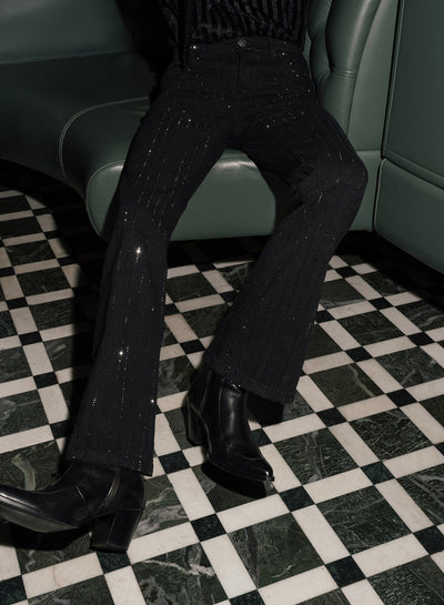 Black Diamante Pin Stripe Denim Flare Jeans