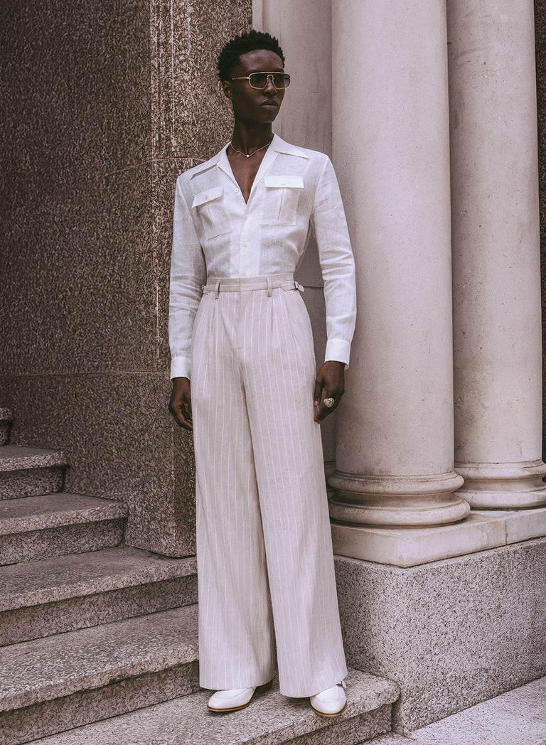 Ivory Linen Pin Stripe High Waisted Side Buckle Trousers