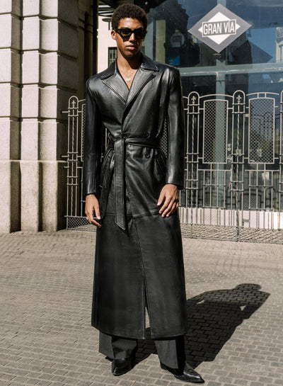 Double-Breasted Leather Long Trench Coat