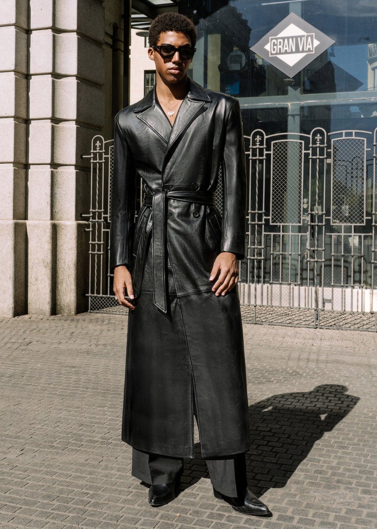 Double-Breasted Leather Long Trench Coat ‐ Phix - Main Image