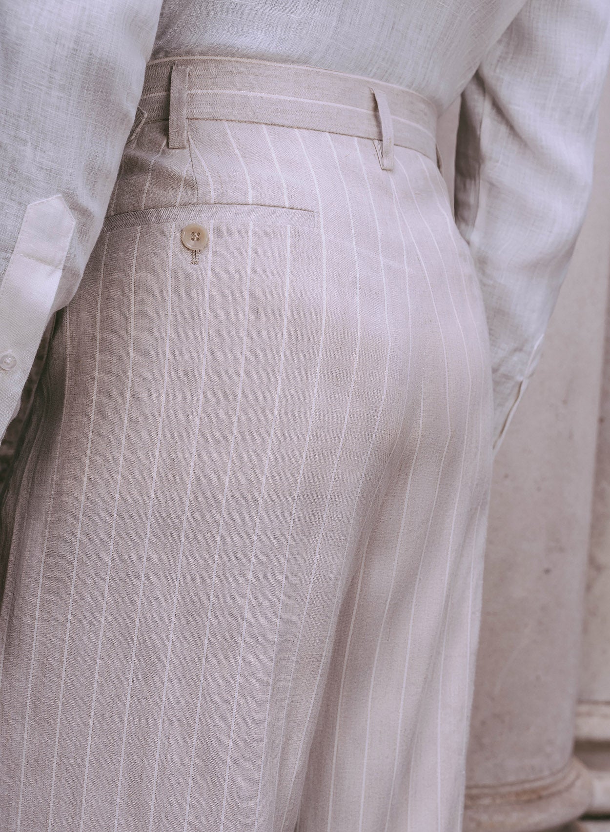 Phix Men's Ivory Linen Pin Stripe High Waisted Side Buckle Pants - Beige In Size 34W L32 Phix Men's Ivory Linen Pin Stripe High Waisted Side Buckle Pants - Beige In Size 34W L32