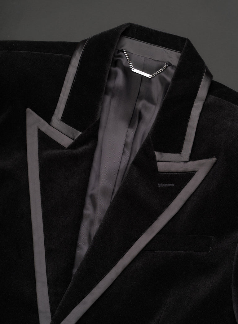 Single Breasted Wide Shoulder Black Velvet Jacket