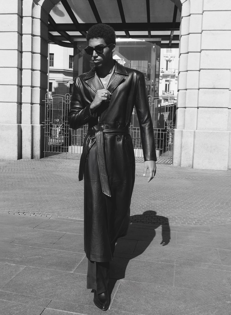 Double-Breasted Leather Long Trench Coat