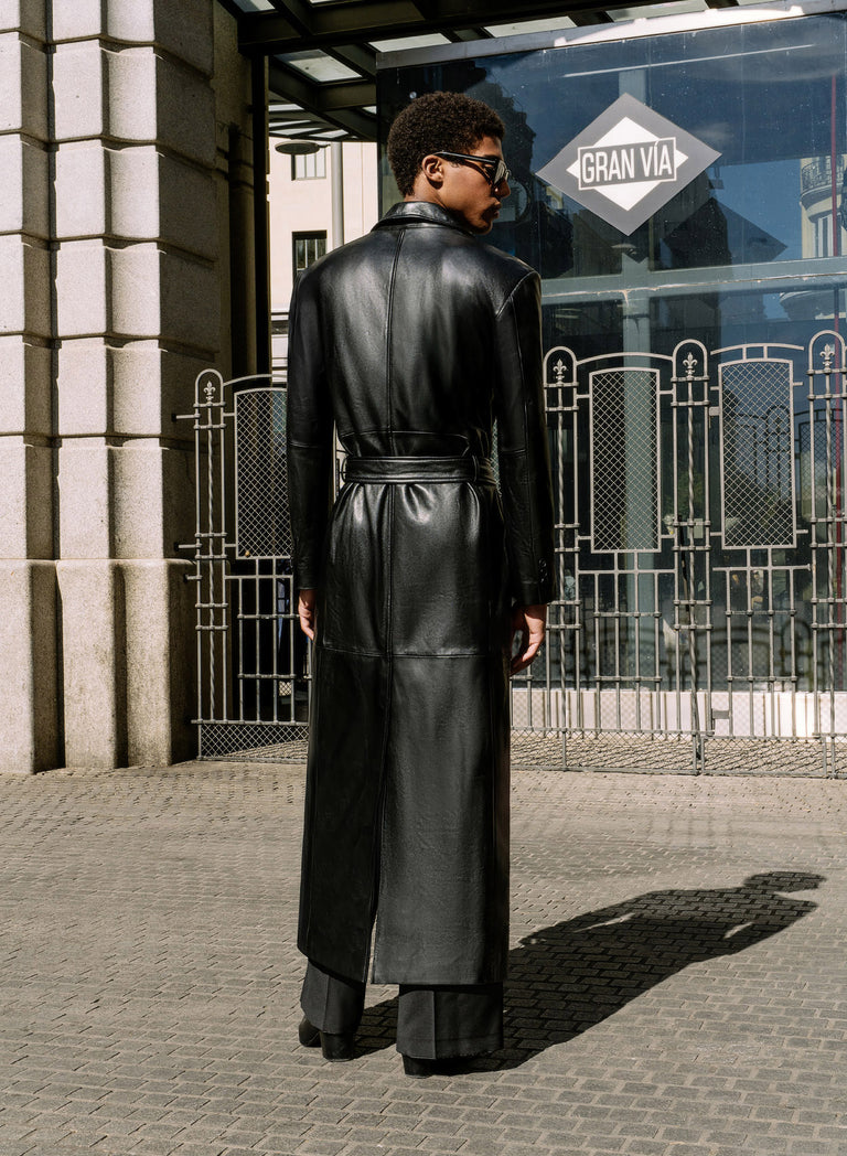 Double-Breasted Leather Long Trench Coat