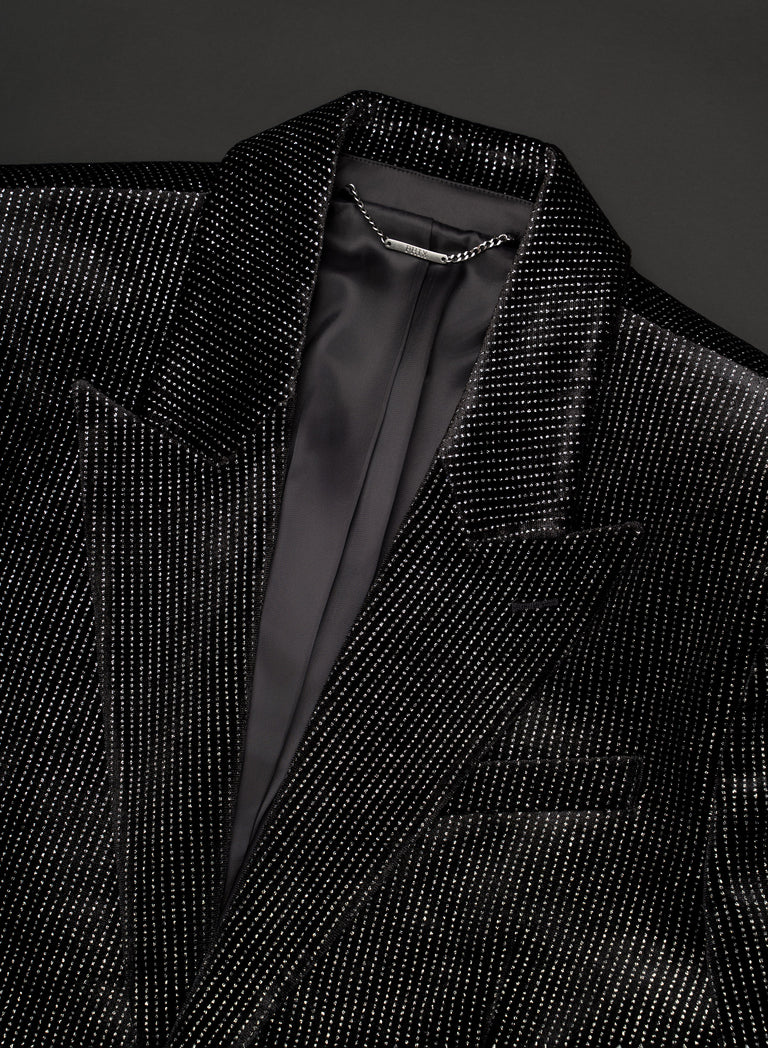 Silver Micro Dot Wide Shoulder Black Velvet Blazer