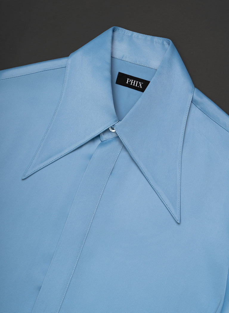 Pure Viscose Blue Dagger Collar Shirt