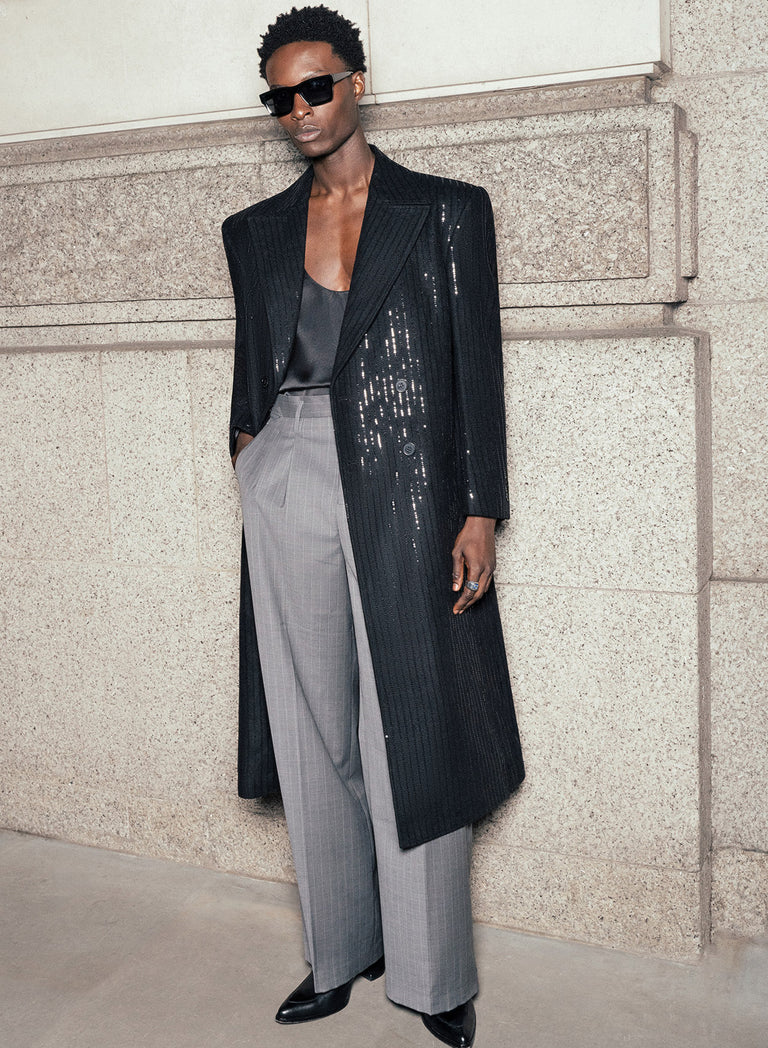 Grey Pin Stripe Side Buckle Wide Leg Flare Wool Trousers