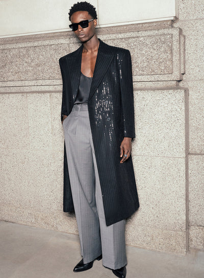 Double Breasted Sequin Embellished Long Length Stripe Wool Coat