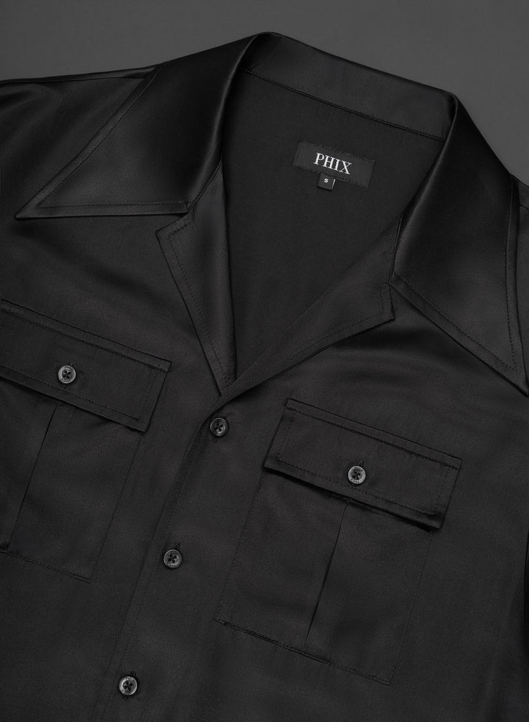 Black Silk Long Sleeve Cuban Collar Shirt