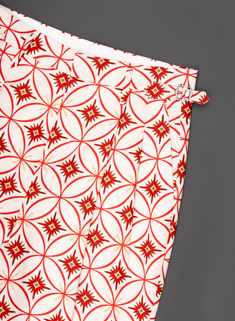 Ivory Geometric High Waisted Side Buckle Linen Trousers