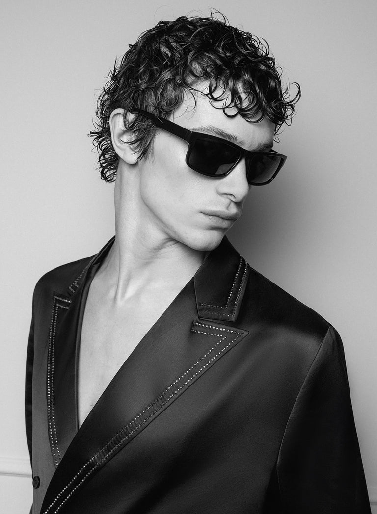 Black Double Breasted Rhinestone Lapel Trim Satin Shirt