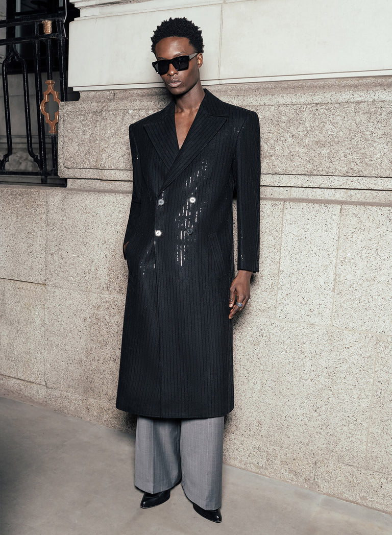 Double Breasted Sequin Embellished Long Length Stripe Wool Coat