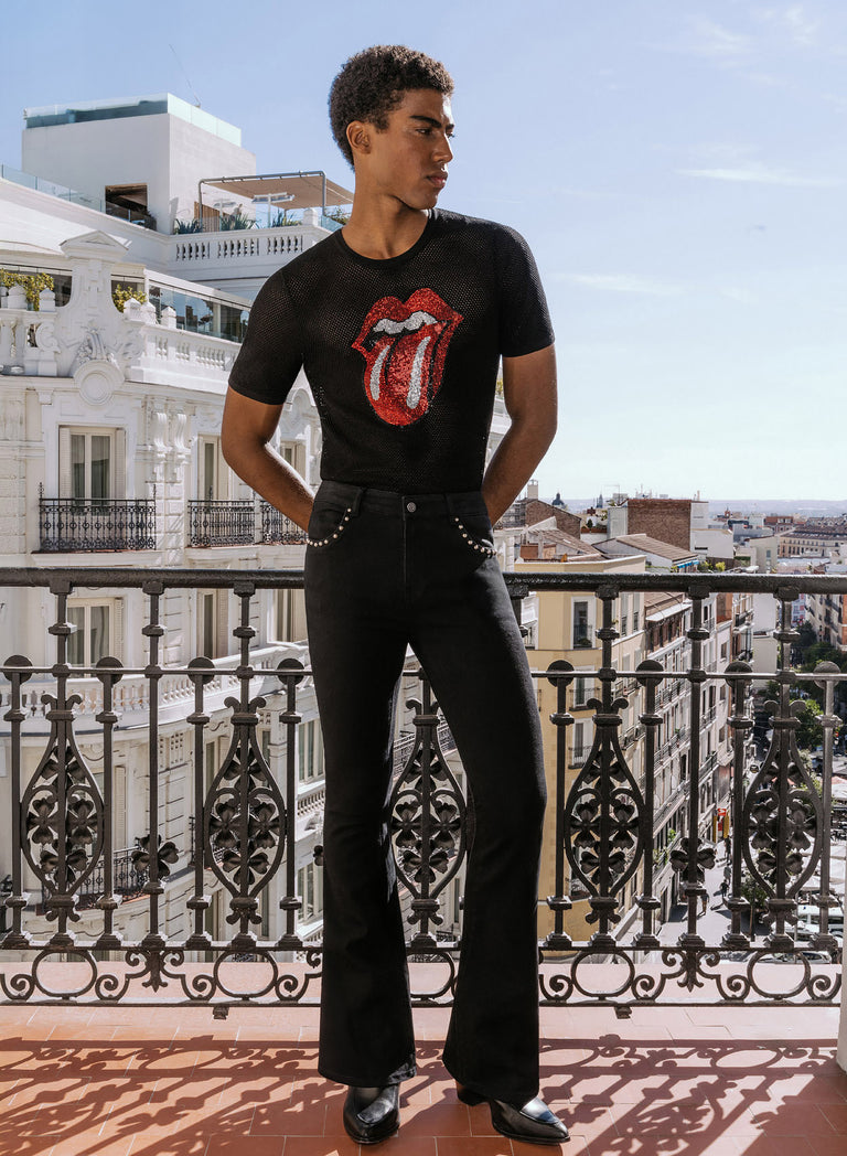 Black Studded Pocket Trim Denim Flare