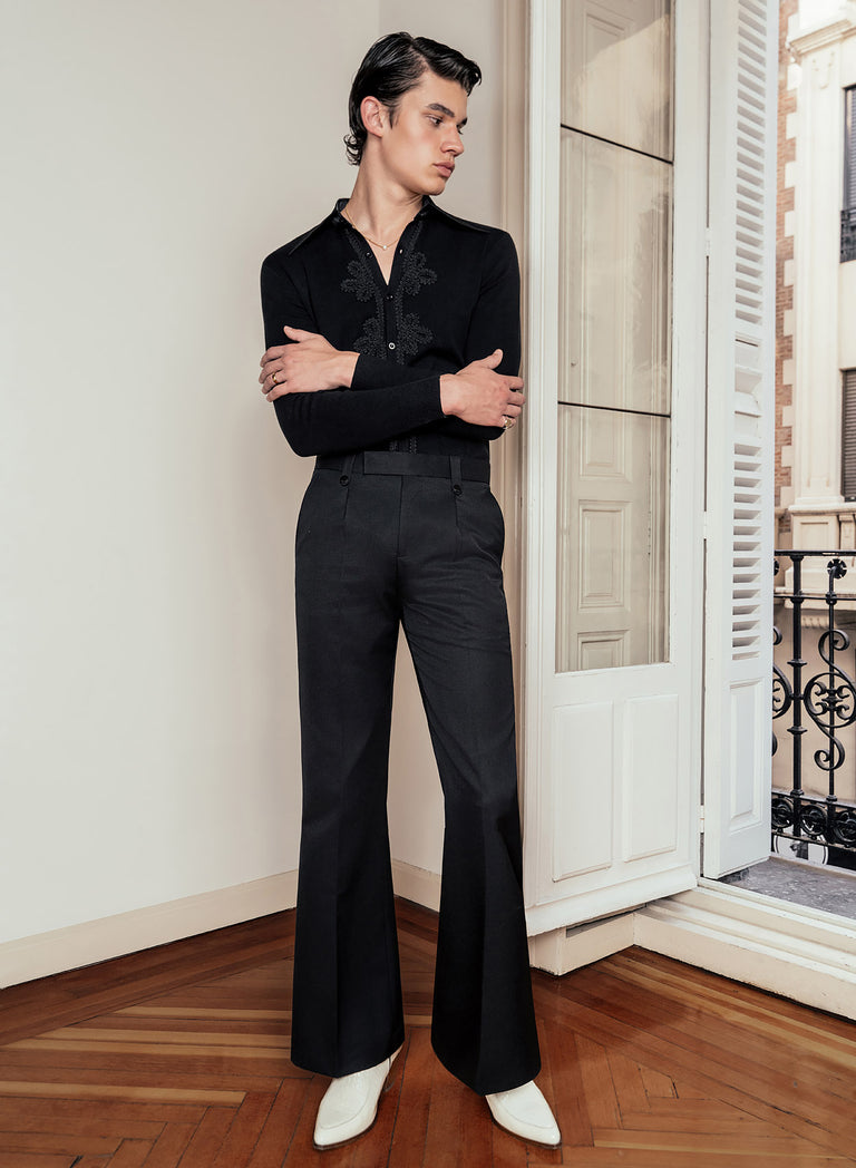 Black Wool Black Button Pin Belt Flare