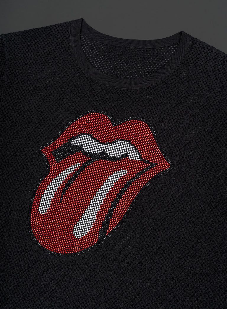 Phix X Rolling Stones Black Rhinestone Tongue Top