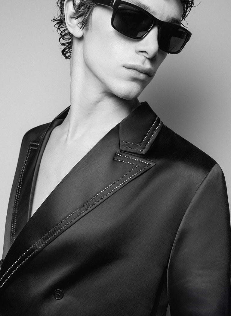 Black Double Breasted Rhinestone Lapel Trim Satin Shirt