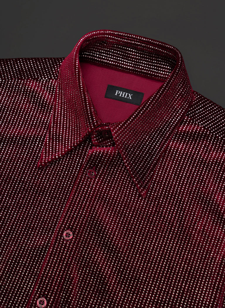 Burgundy Silver Micro Polka Dot Velvet Shirt