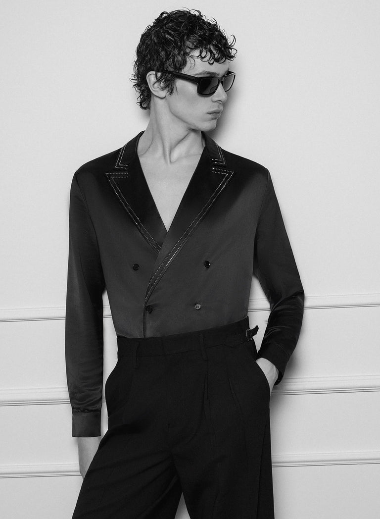 Black Double Breasted Rhinestone Lapel Trim Satin Shirt