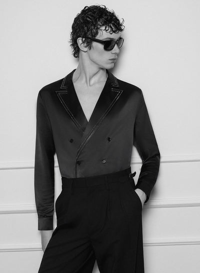 Black Double Breasted Rhinestone Lapel Trim Satin Shirt