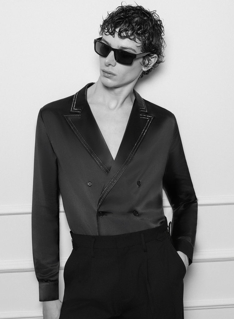 Black Double Breasted Rhinestone Lapel Trim Satin Shirt