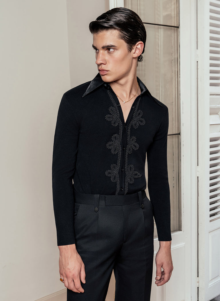 Black Wool Black Button Pin Belt Flare