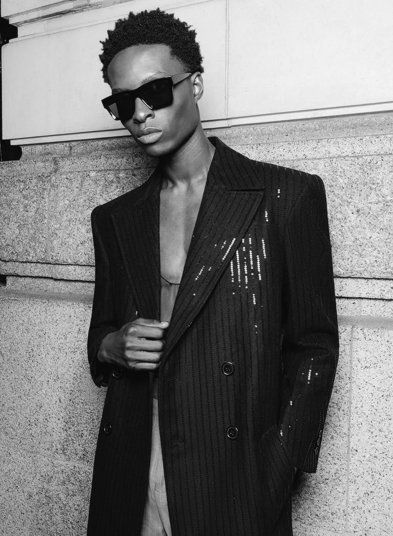 Double Breasted Sequin Embellished Long Length Stripe Wool Coat