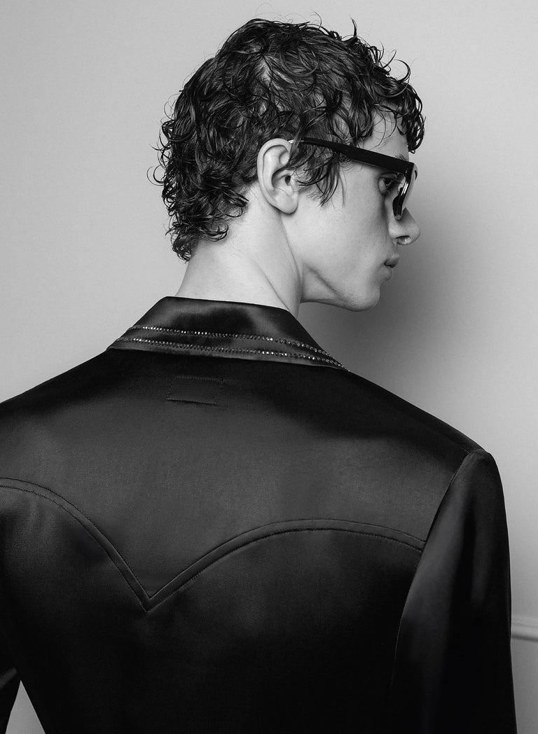 Black Double Breasted Rhinestone Lapel Trim Satin Shirt