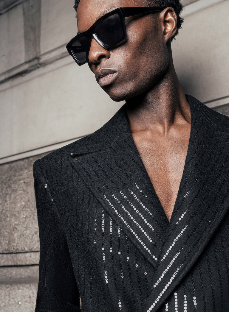 Double Breasted Sequin Embellished Long Length Stripe Wool Coat