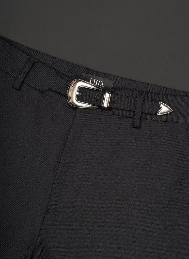 Black Wool Western High Waisted Buckle Trousers