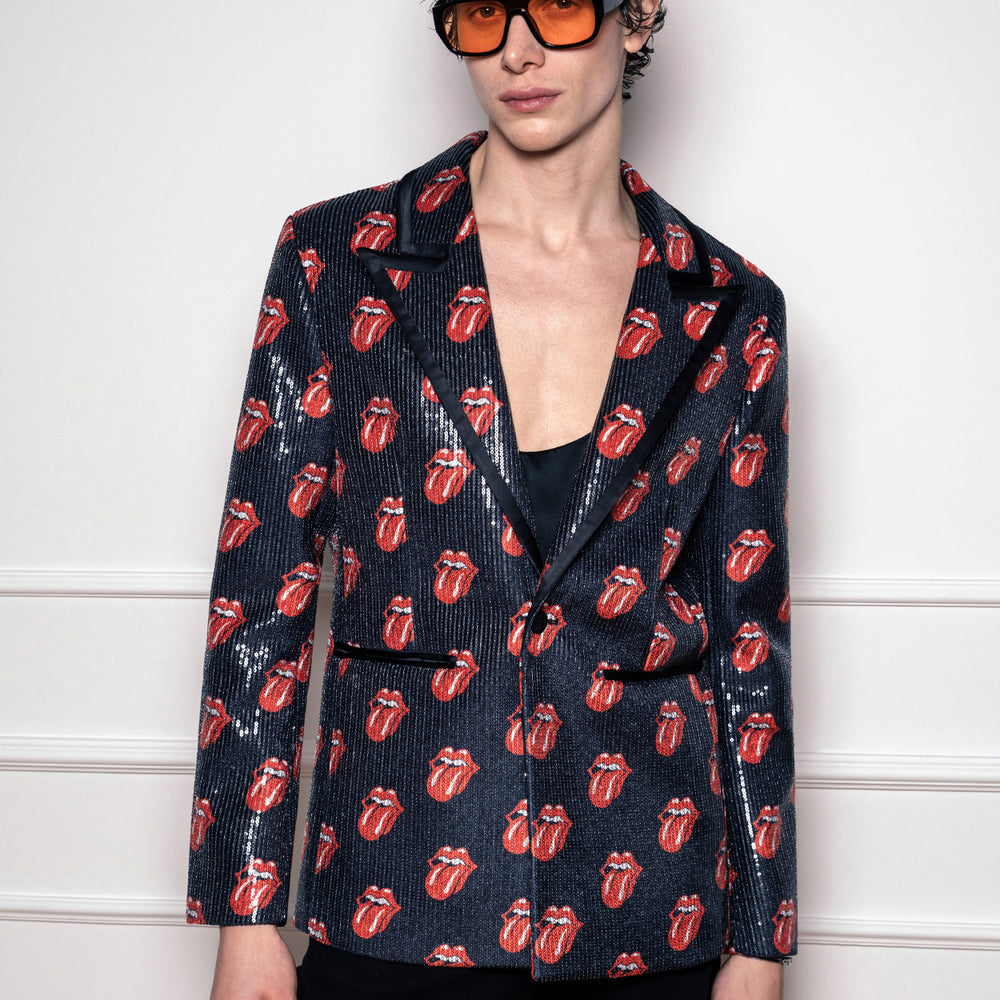 Phix Rapper Logos Phix X Rolling Stones Tongue Logo Sequin Embellished Velvet Blazer & Phix