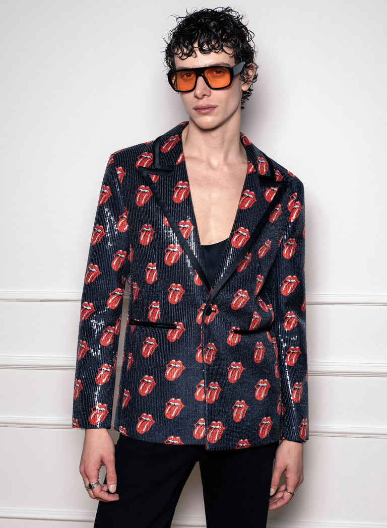 Phix X Rolling Stones Tongue Logo Sequin Embellished Velvet Blazer