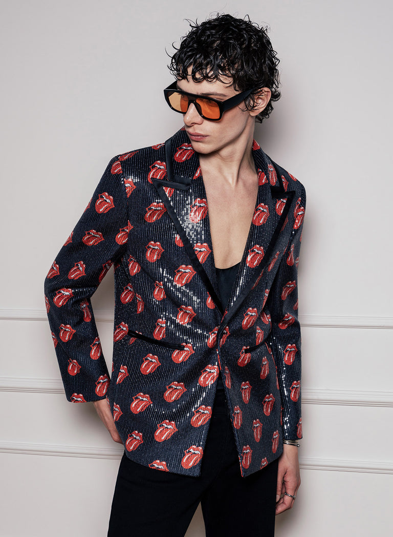 Phix Rapper Logos Phix X Rolling Stones Tongue Logo Sequin Embellished Velvet Blazer & Phix
