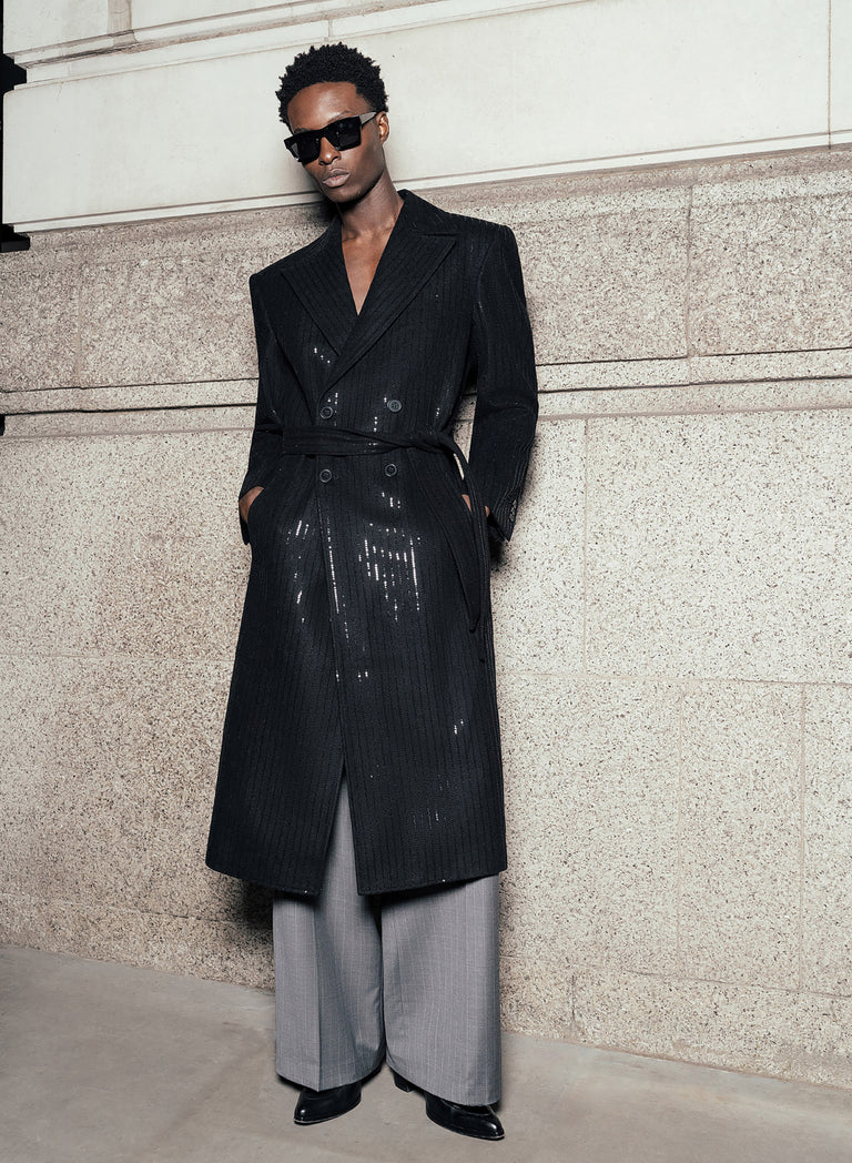 Double Breasted Sequin Embellished Long Length Stripe Wool Coat